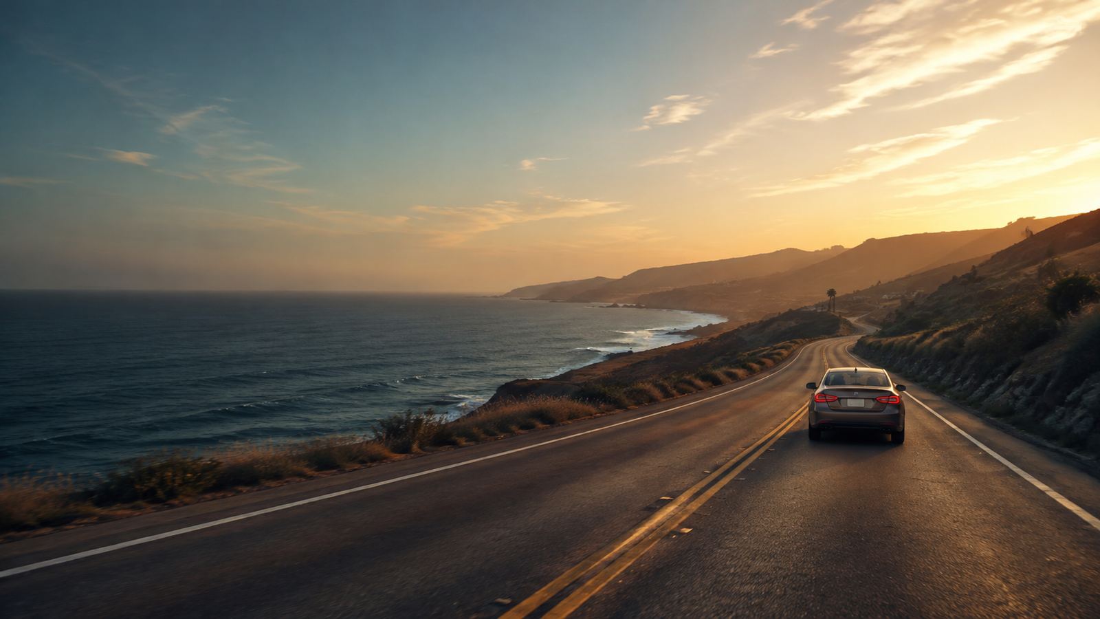 A car on a coastal highway at sunset, the ocean on one side and hills on the other